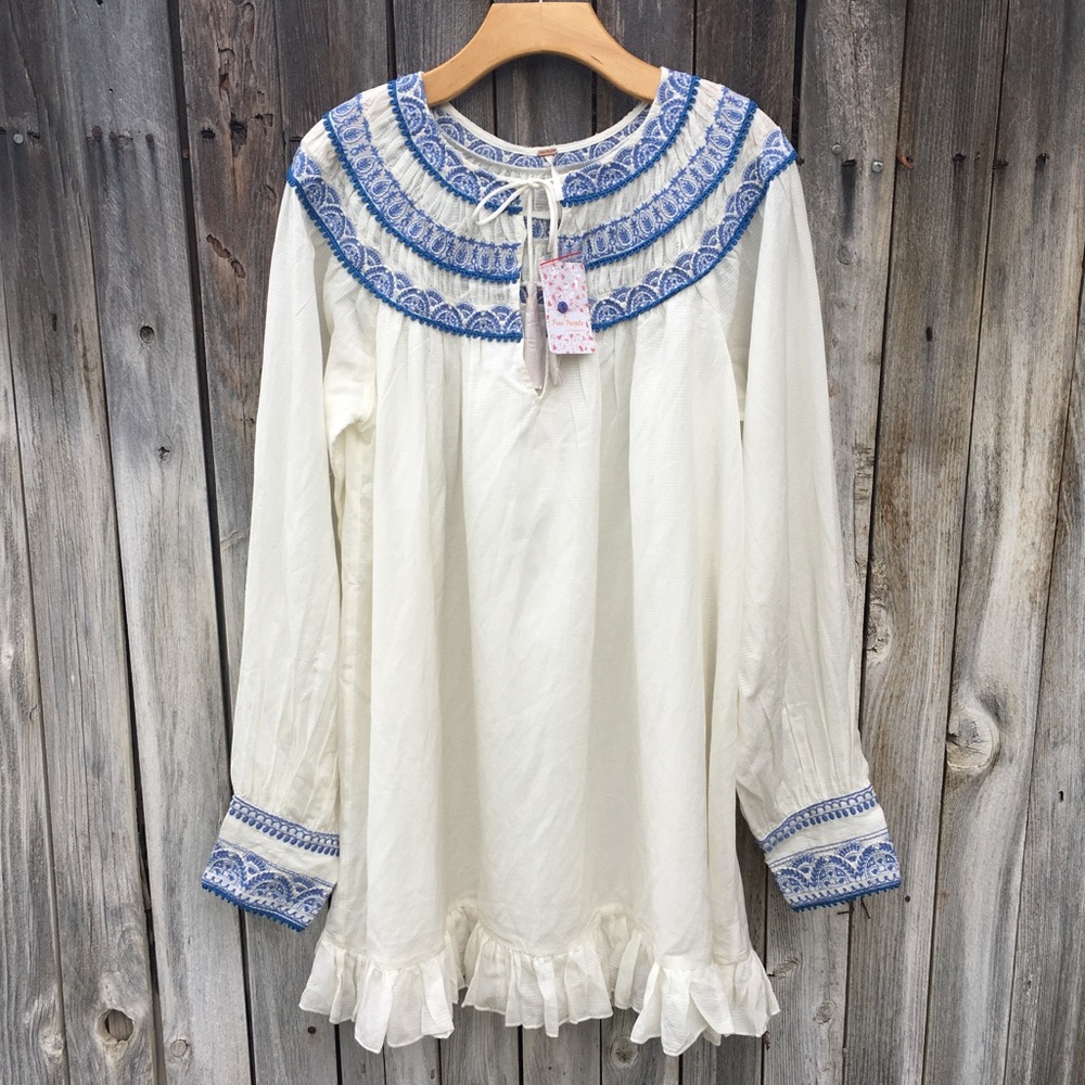 NWT Free People Erin Embroidered Mini Dress Cotton Viscose Ivory Combo L - Picture 16 of 16